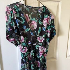 Express Black Floral Midi Wrap blouse - Pink & Green Accents